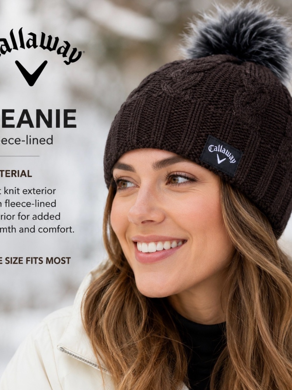 Callaway Brown Cable Knit Pom Beanie with Faux Fur Pom
